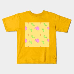 Background illustration yellow, with flowers, green leaves, plant, botany, decorative design pattern Kids T-Shirt